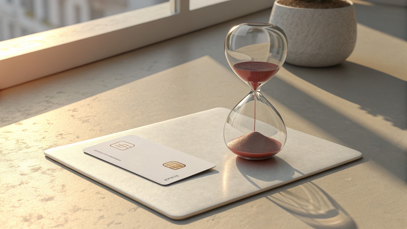A white residence card and an hourglass with red sand on a light table by the window