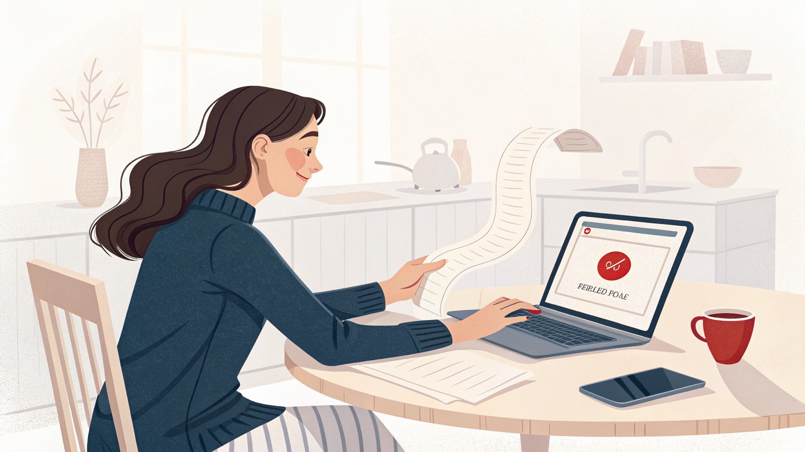 A smiling woman at a laptop in a bright kitchen files an application online as a paper confirmation slides out of the laptop